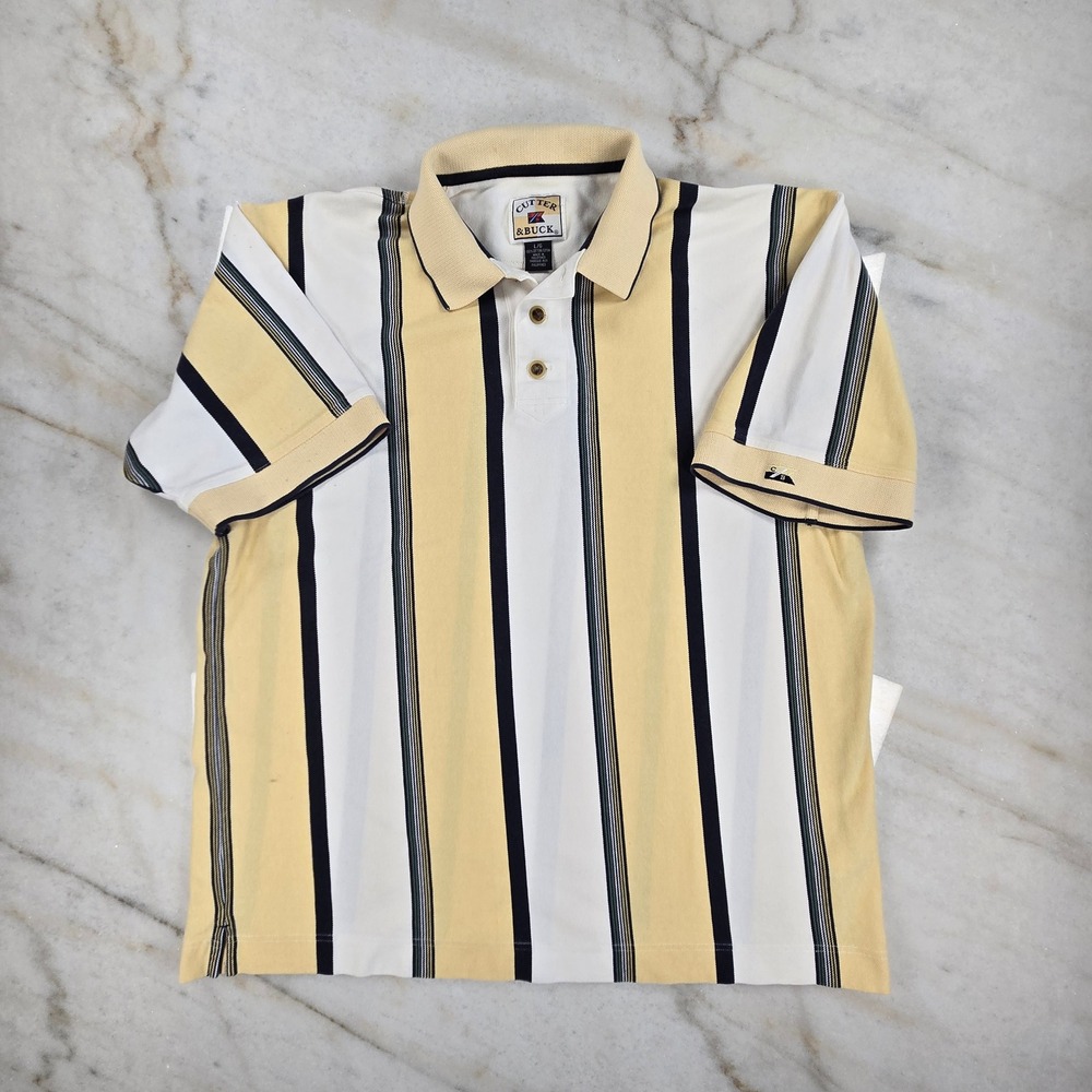 VTG Cutter & Buck Polo Shirt Mens Large Yellow Vertical Stripe Cotton Dad Core